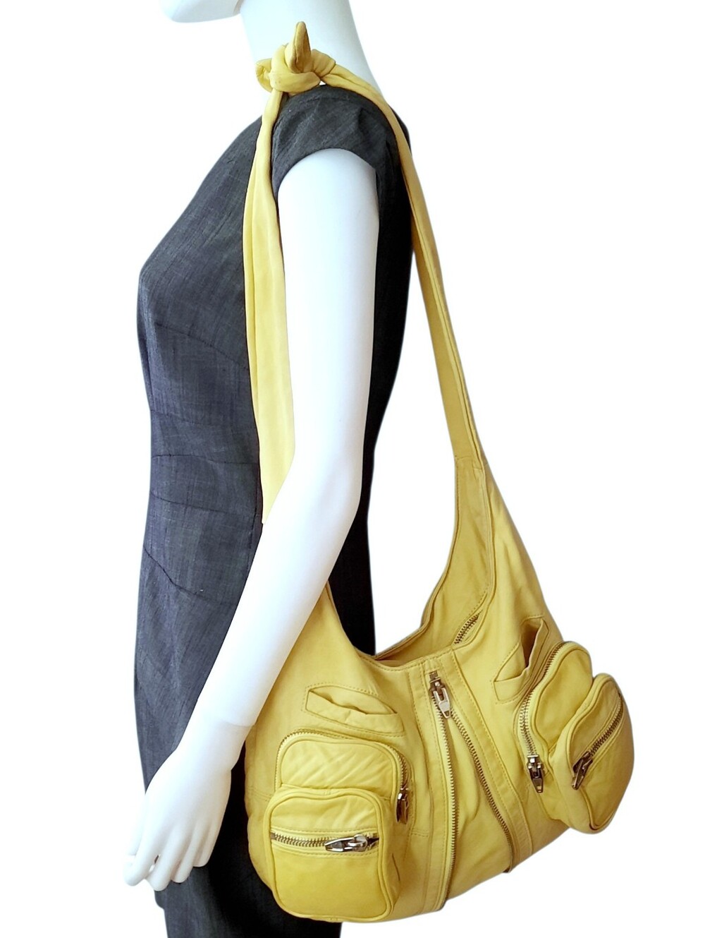 ALEXANDER WANG Donna Yellow Leather Hobo Shoulder Sling Bag Multi-Pocket
